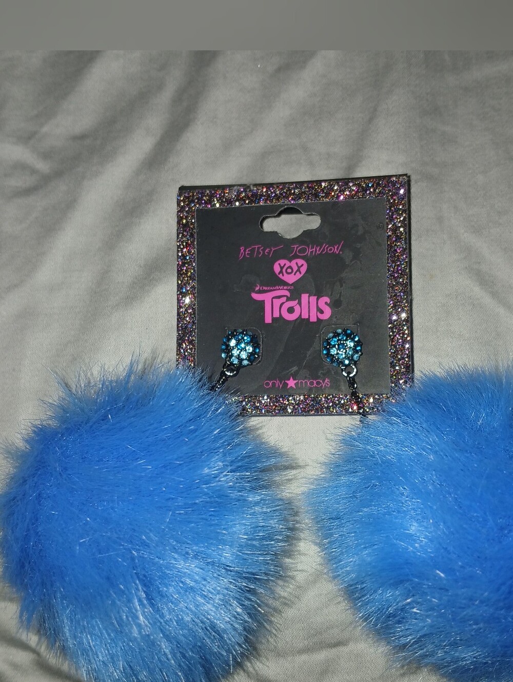 Betsey Johnson Blue Faux Fur Pom Pom Earrings with Sparkle Studs